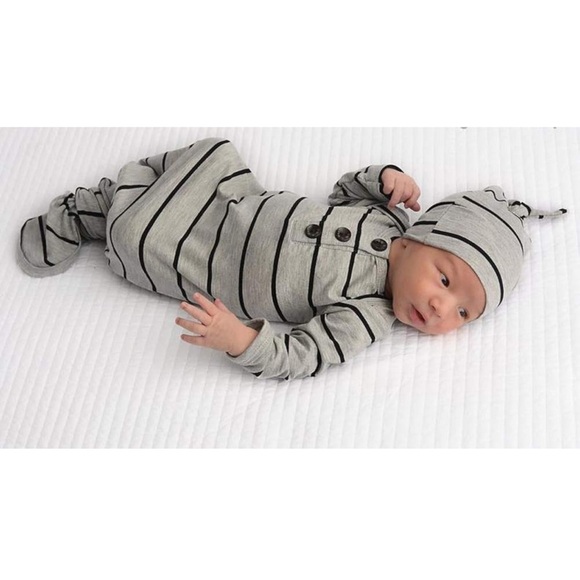 Grey & White Striped Knotted Baby Gown - Picture 2 of 4